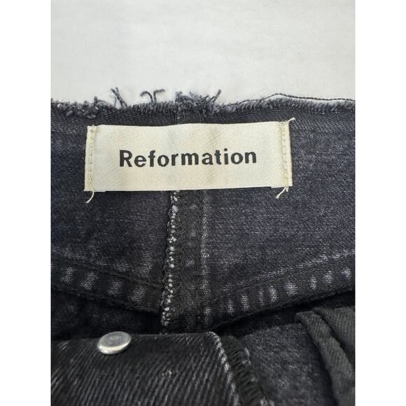 Reformation Black Distressed Denim Mini Skirt Raw Hem High Rise Size 28 - Picture 3 of 8